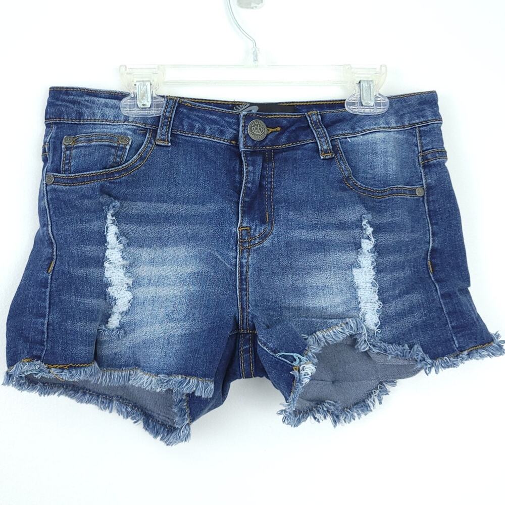 Rock & Roll Classic Blue Jean Denim Cutoff Shorts, Distressed, Raw Hem, Medium